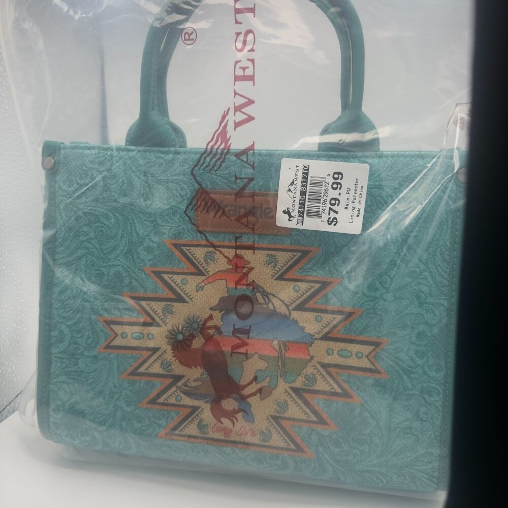 Montana West Wrangler Turquoise Aztec Print Tote Bag